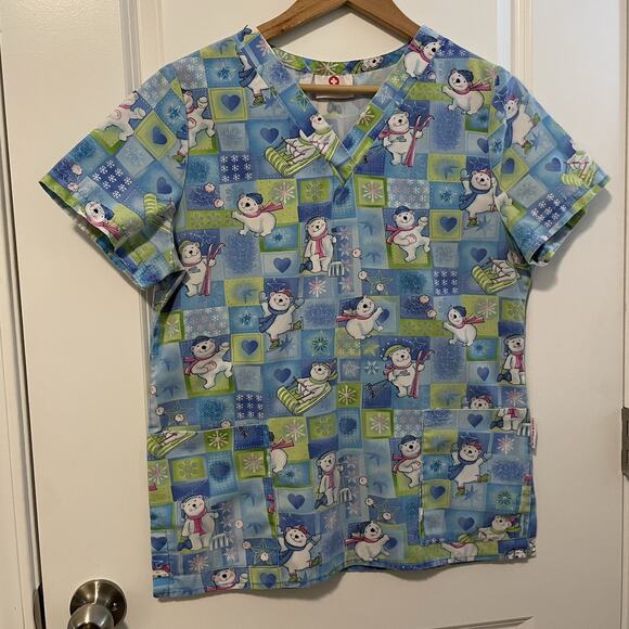 White Cross Scrub Top Polar Bear Snowflakes Christmas Winter Holiday Print Small - Picture 2 of 8